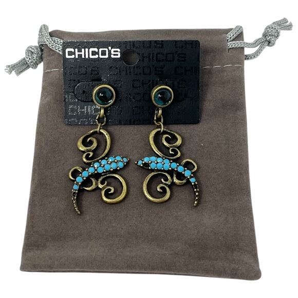 Chico’s Turquoise Lizard Drop Earrings – Bronze-Tone Scroll Design (Flaw) - Picture 2 of 4